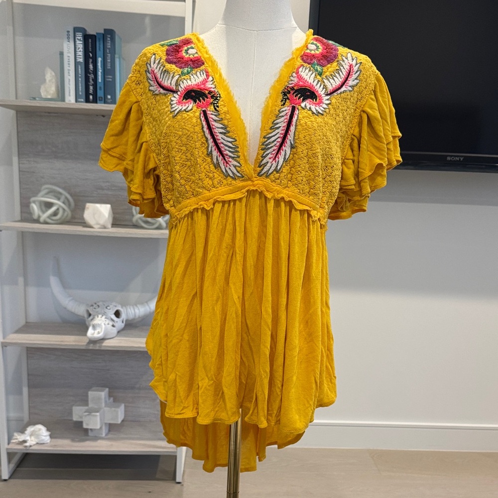 Free People Mustard Tunic with Floral Embroidery